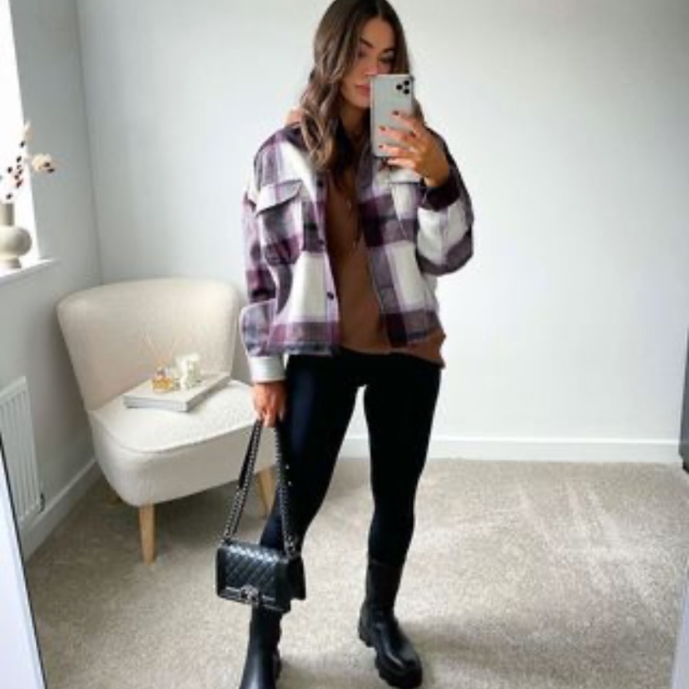 Zara plaid purple crop overshirt blogger favorite